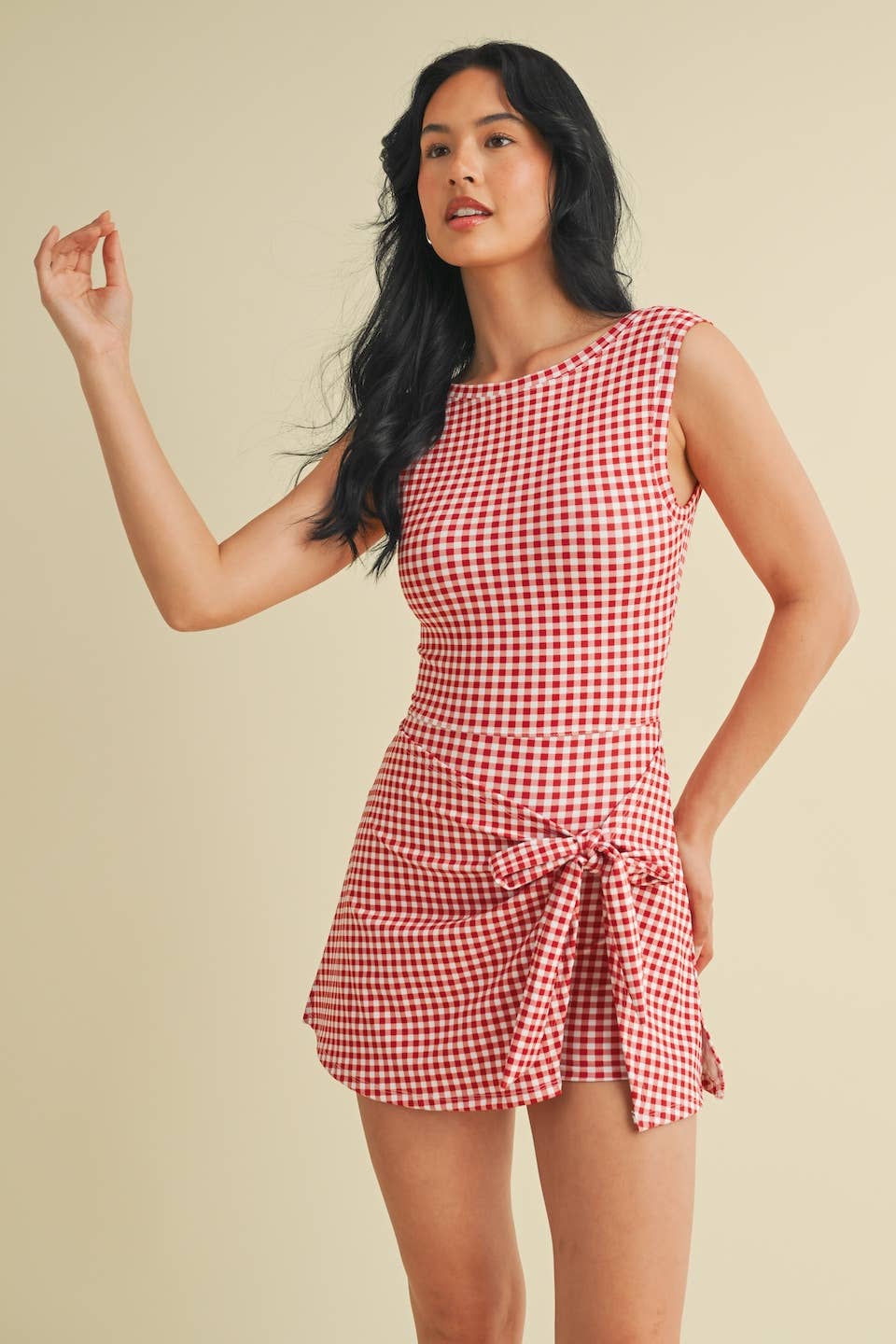 Gingham Print Sleeveless Wrap Tie Front Dress : Red Gingham