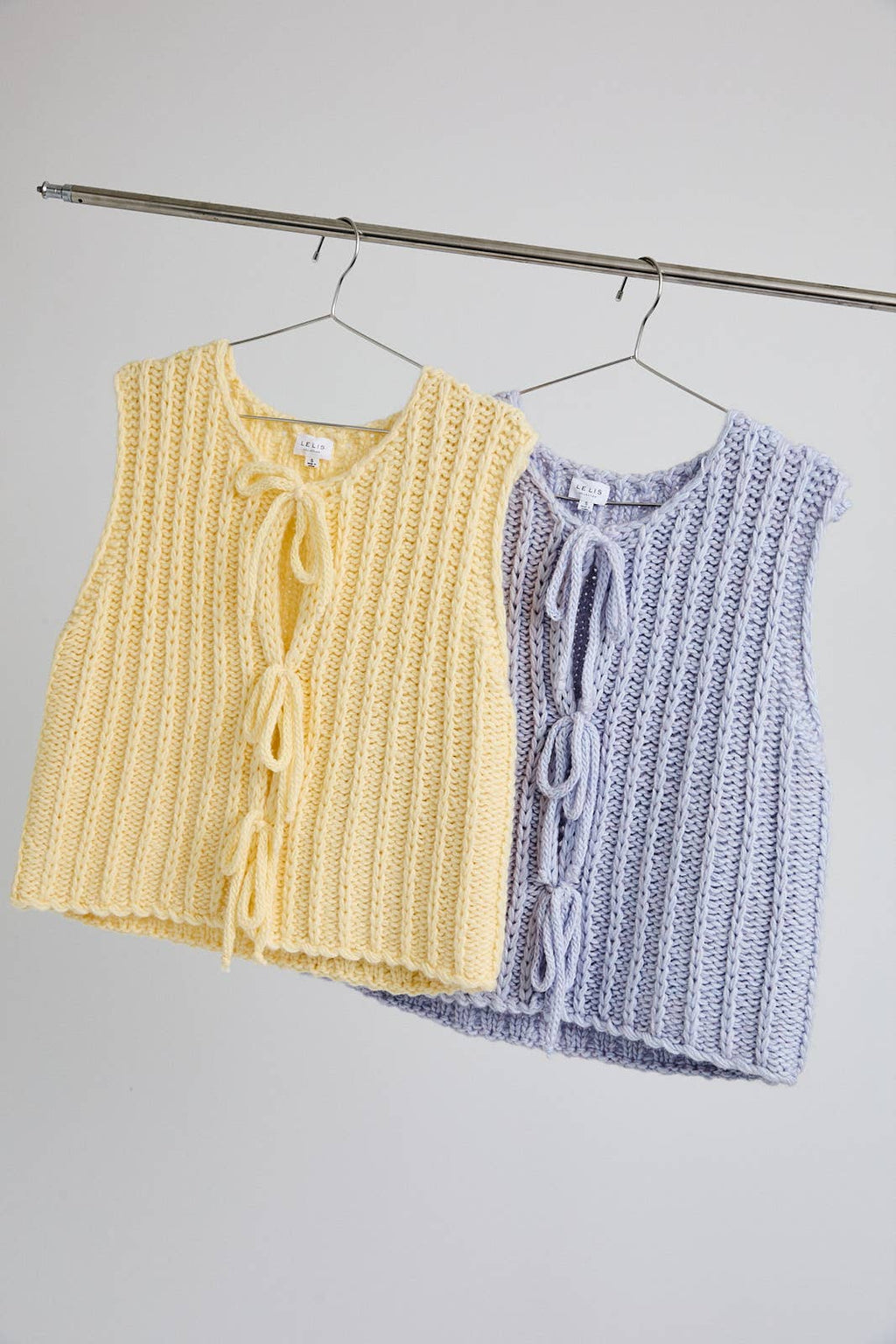 ROUND NECK FRONT TIE CHUNKY SWEATER VEST: LT BLUE