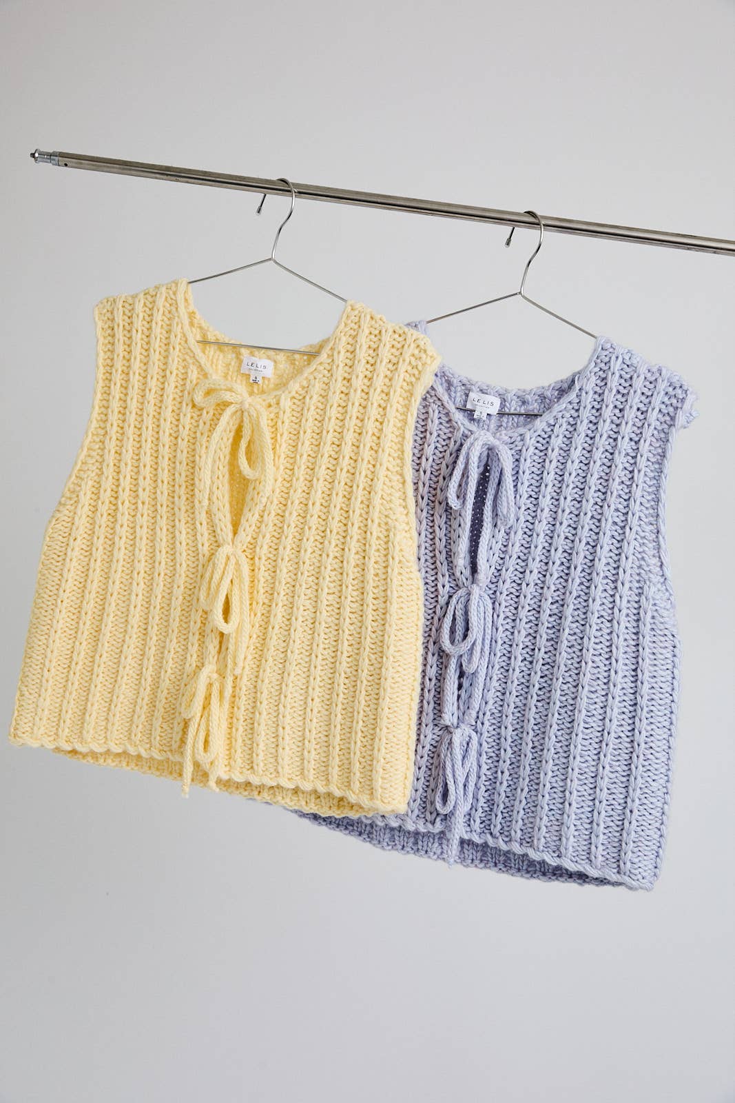 ROUND NECK FRONT TIE CHUNKY SWEATER VEST: LT BLUE