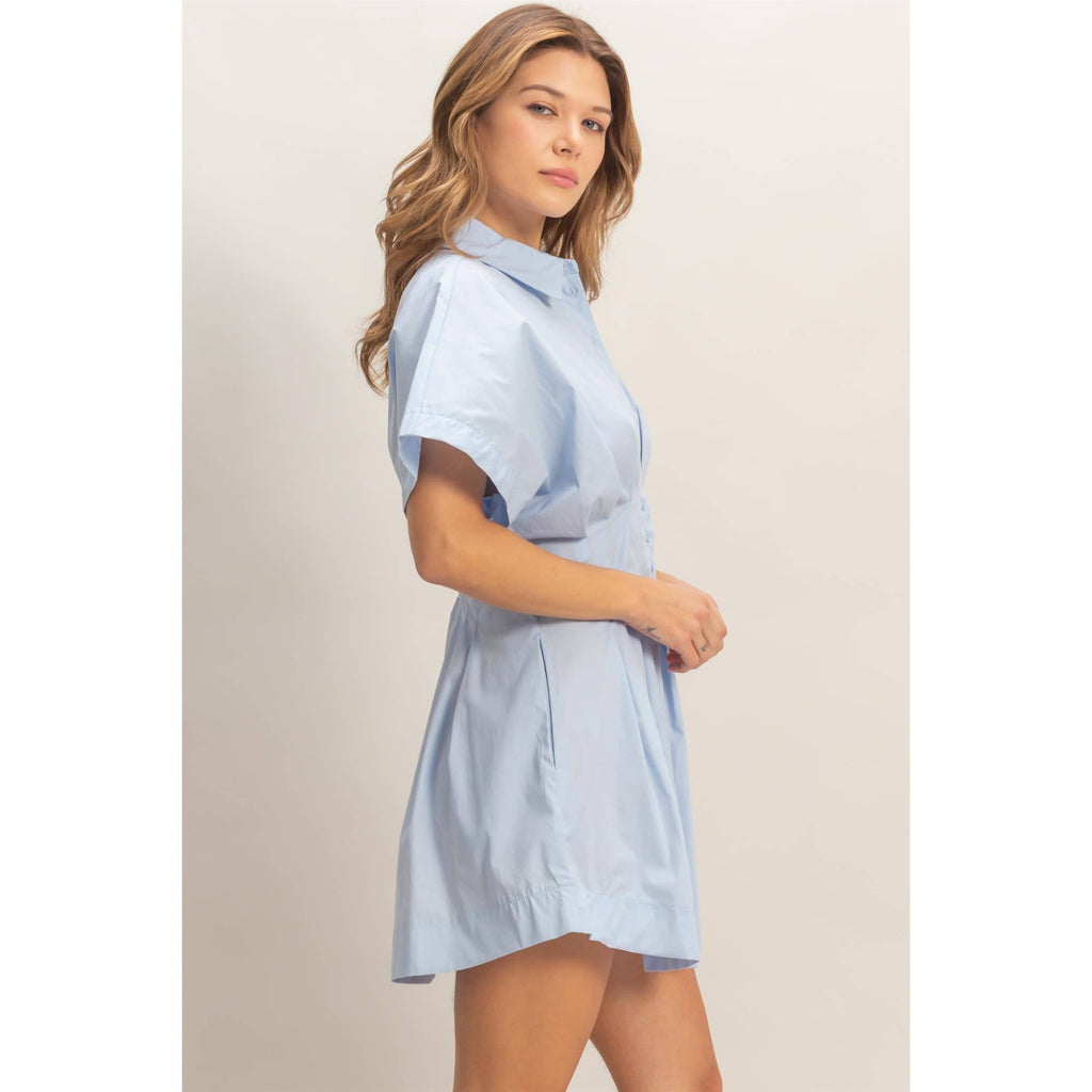 Pleated Button-Up Dress: L.BLUE