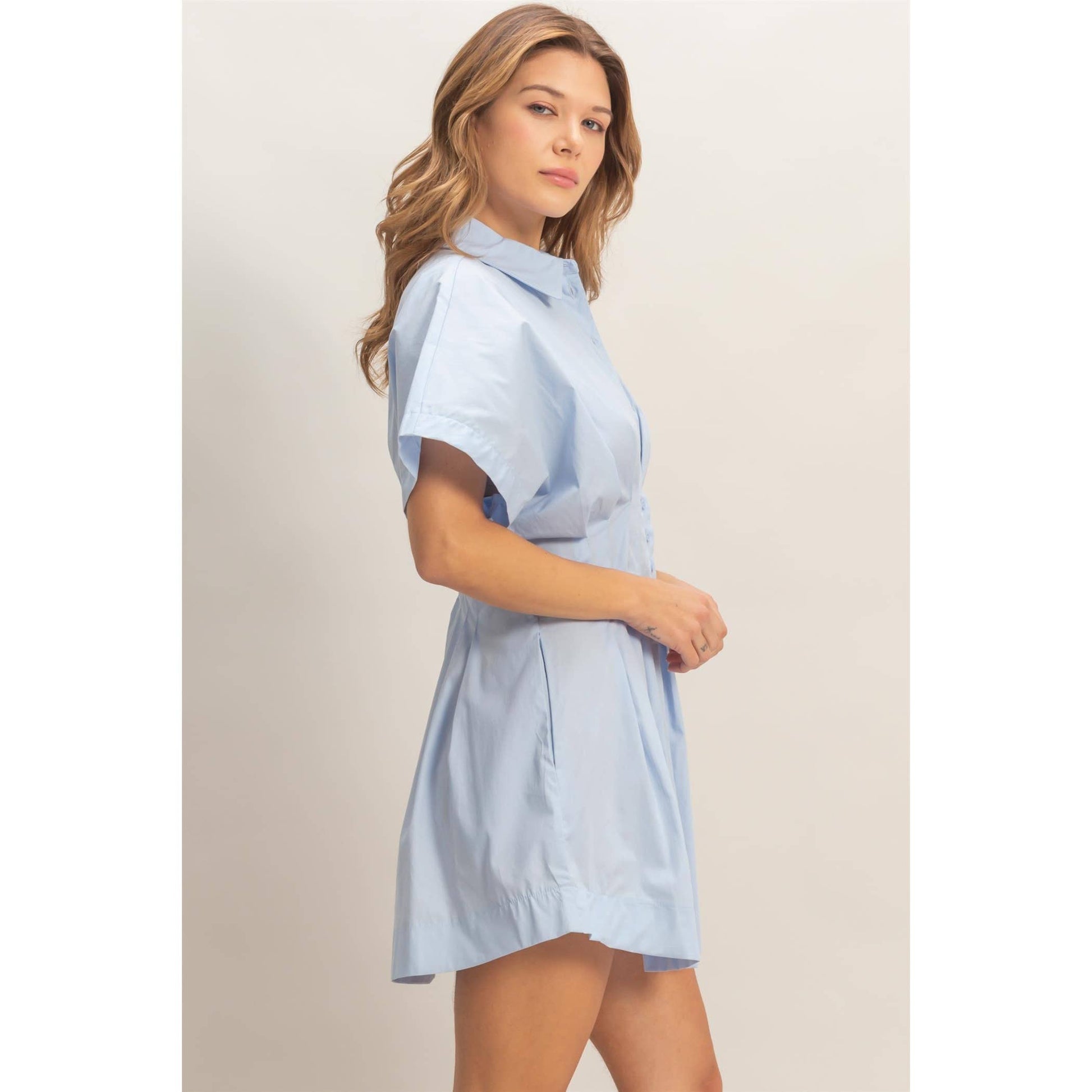 Pleated Button-Up Dress: L.BLUE