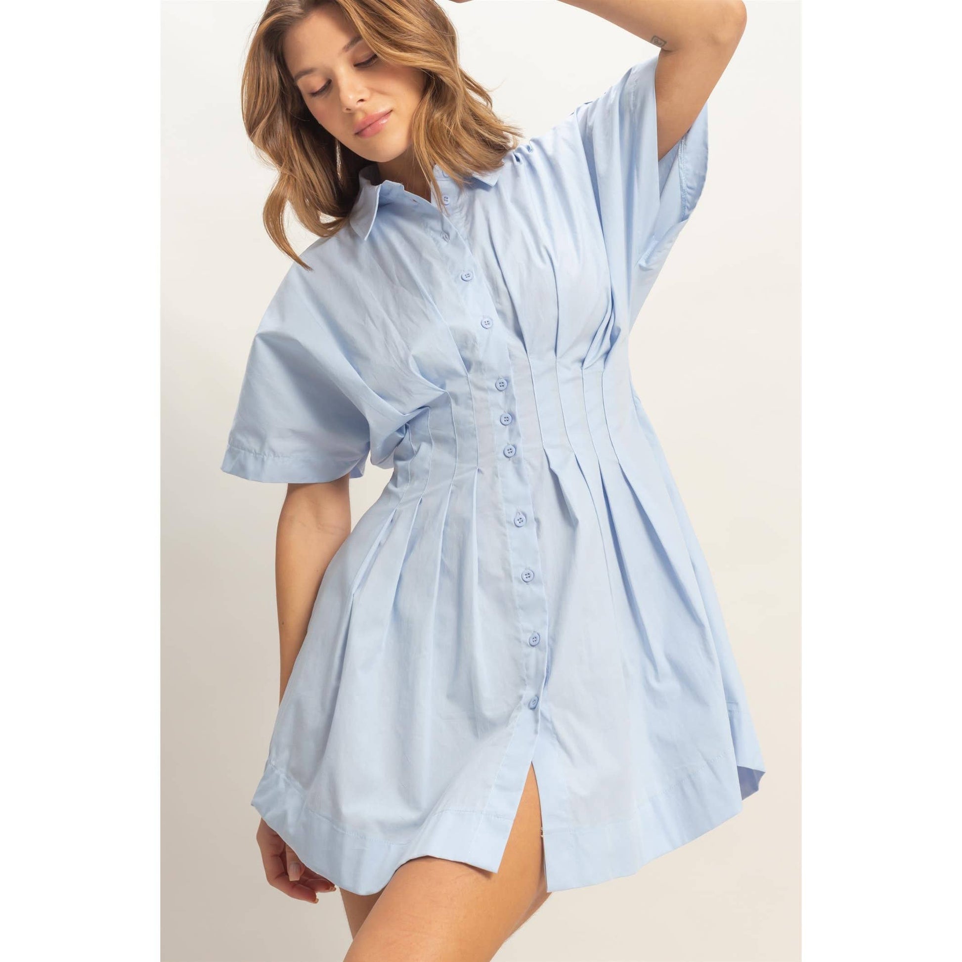 Pleated Button-Up Dress: L.BLUE
