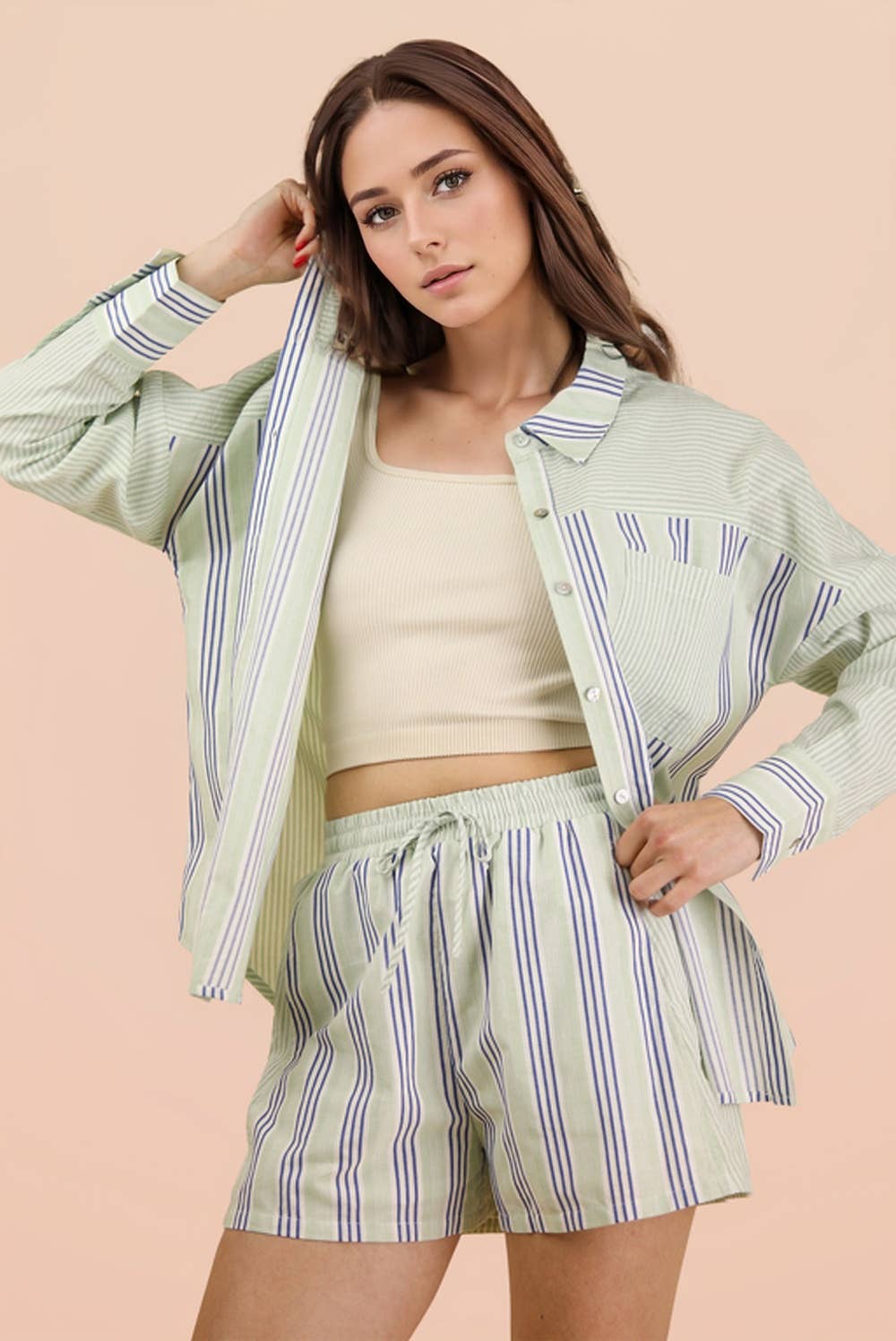 Stripe Woven Shirt Top & Shorts Set: BLUE/SAGE