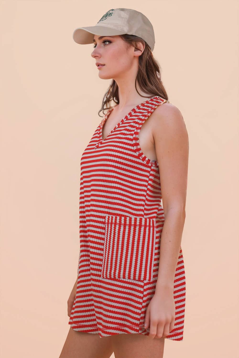 Striped Knit Casual Comfy Romper: RUST