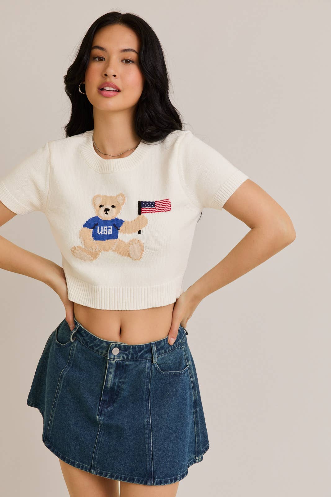TEDDY BEAR WITH USA FLAG" GRAPHIC CREW NECK SWEATER TOP