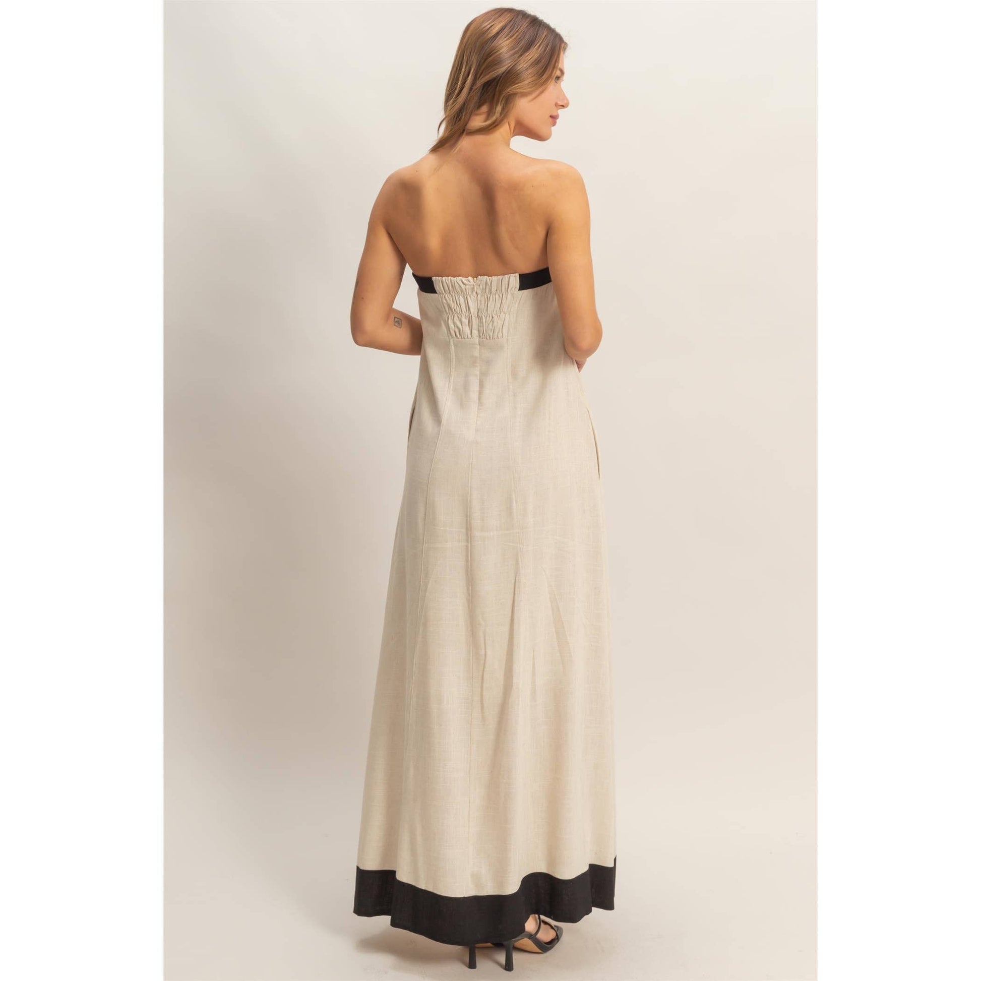 Strapless Button-Front Maxi Dress: OATMEAL