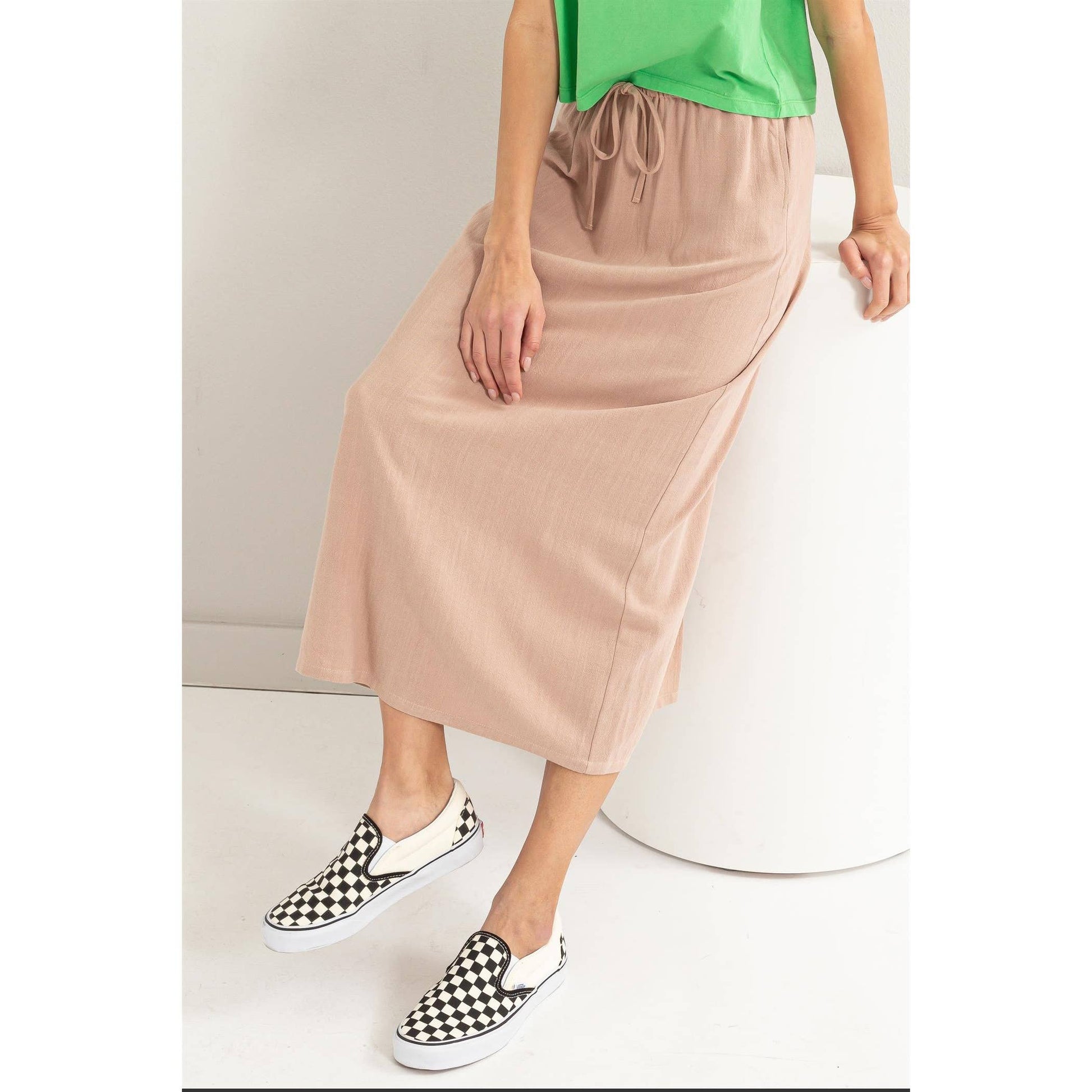 Linen Midi Skirt: TAN