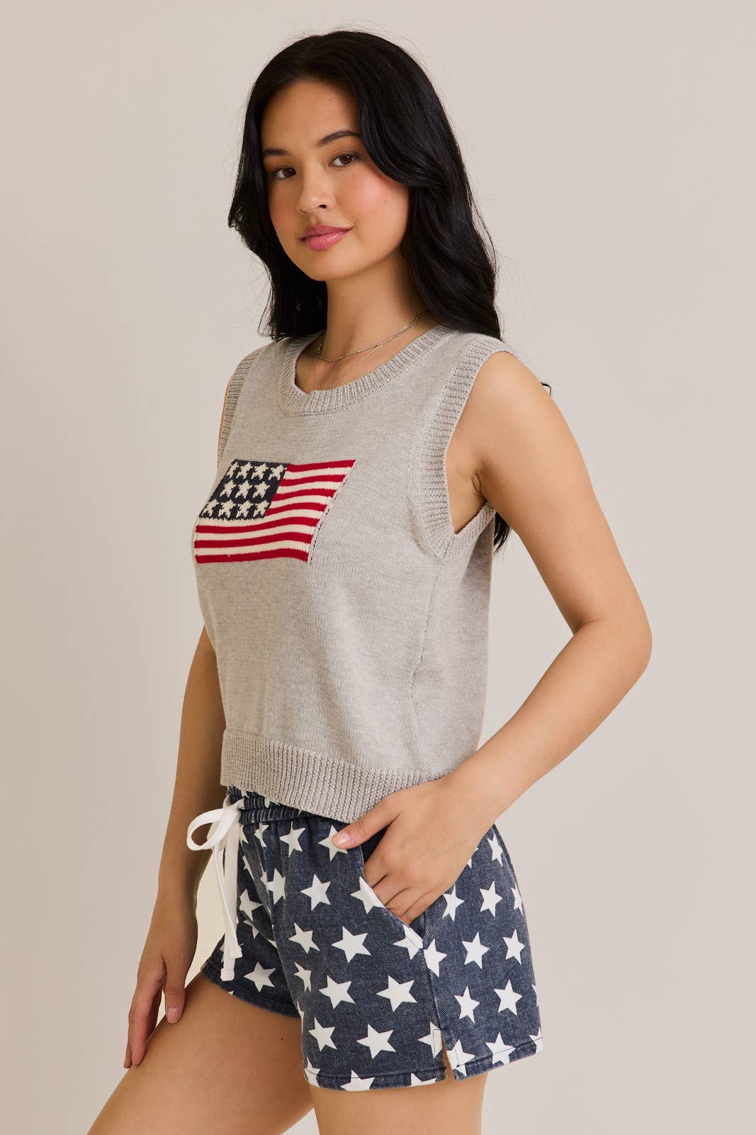 AMERICAN FLAG SLEEVELESS SWEATER TOP: TAUPE