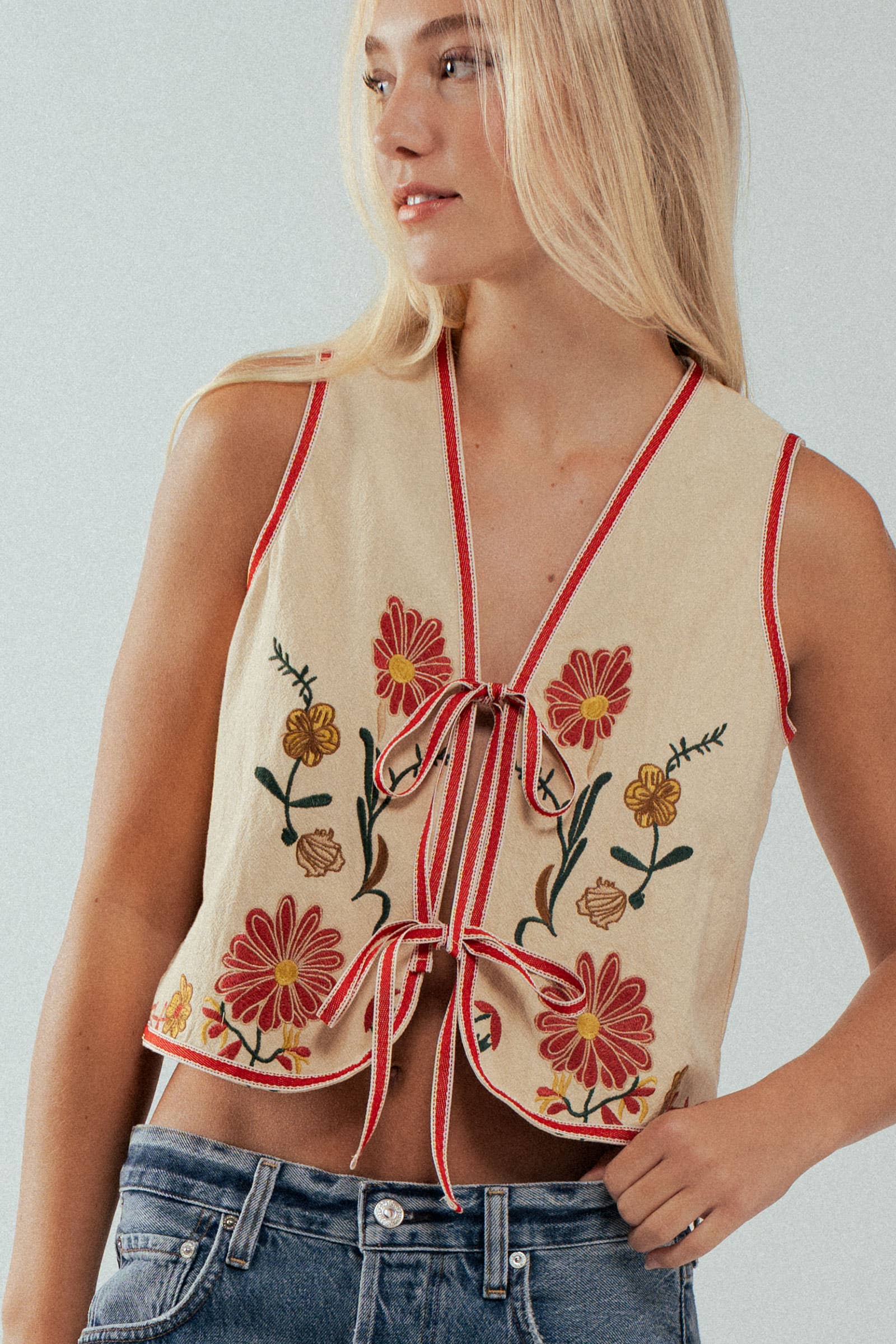 Boho Embroidered Tie Front Western Vest: KHAKI