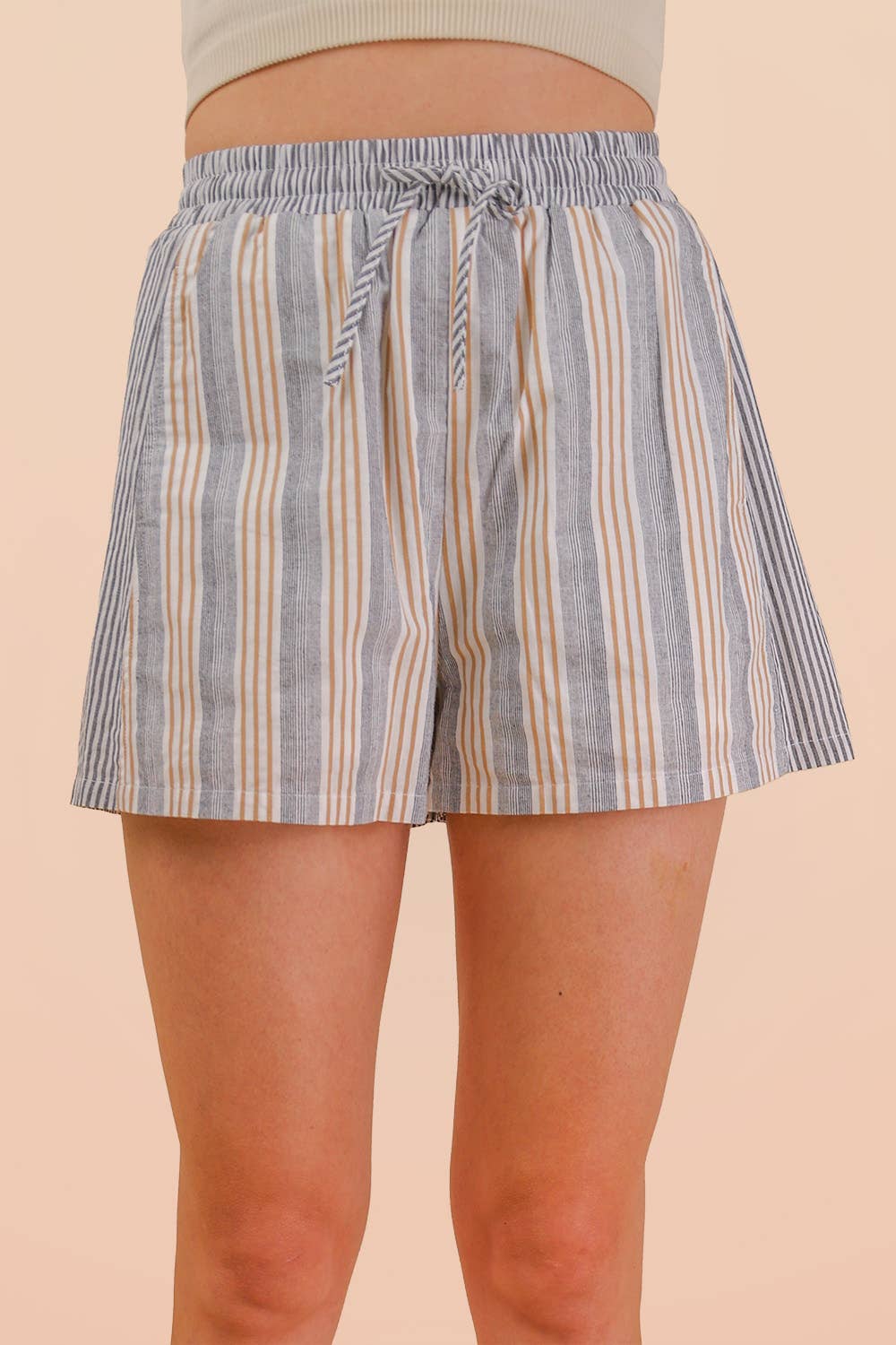 Stripe Woven Shirt Top & Shorts Set: TAUPE/BLACK