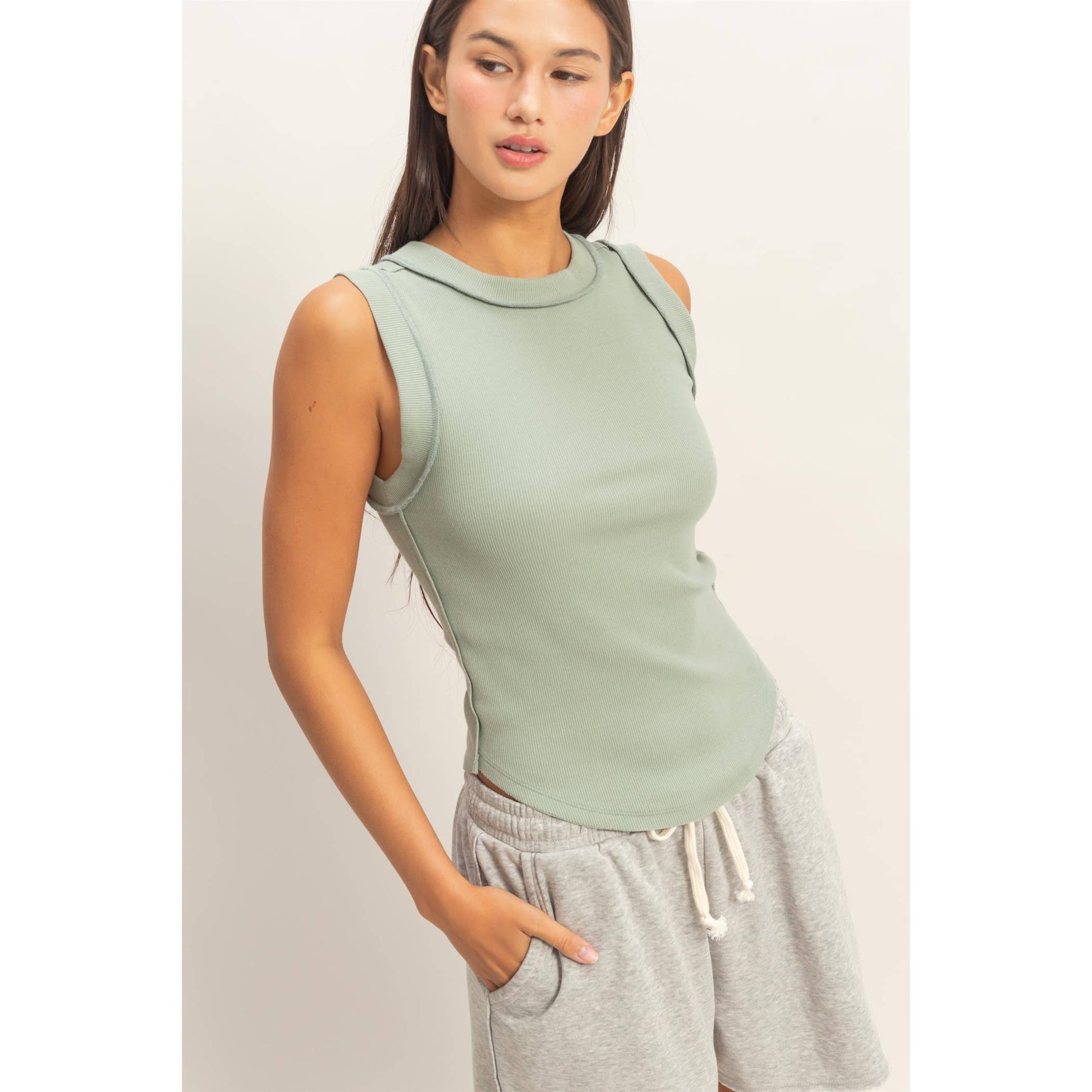 Seam Detail Tank Top: SAGE GREEN