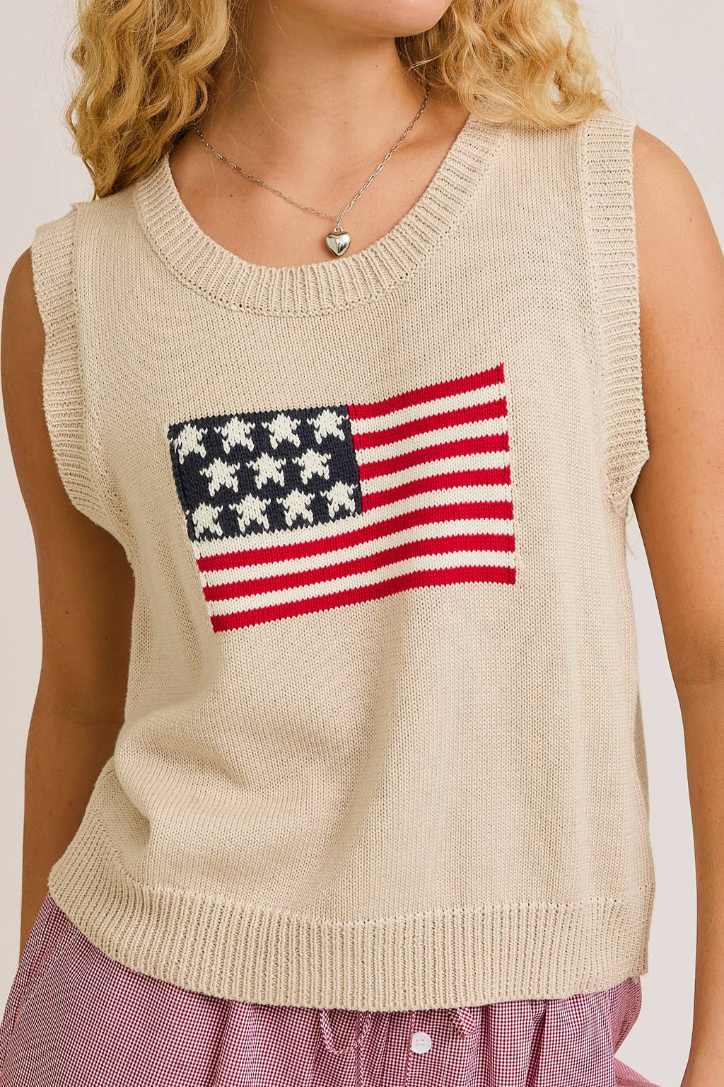 AMERICAN FLAG SLEEVELESS SWEATER TOP: TAUPE