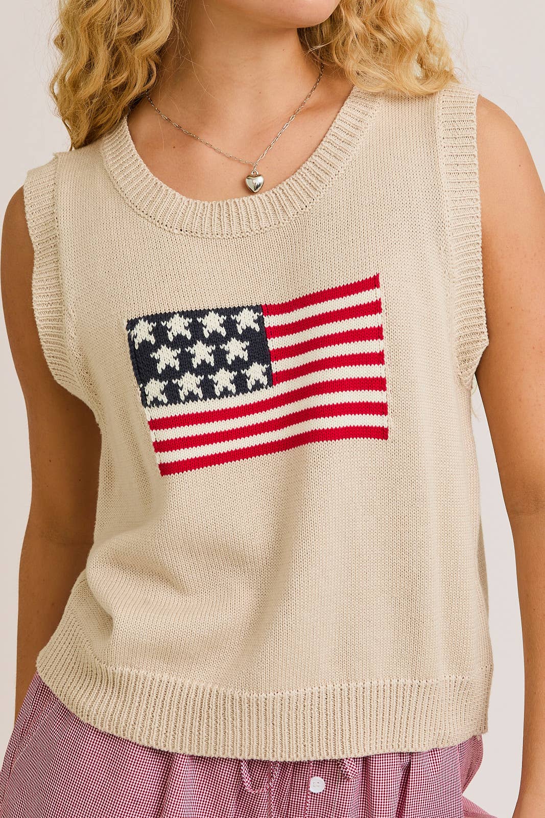 AMERICAN FLAG SLEEVELESS SWEATER TOP: TAUPE