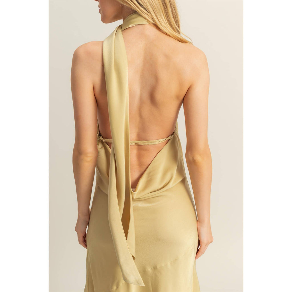 Curve Hugging Satin Halter Maxi Dress