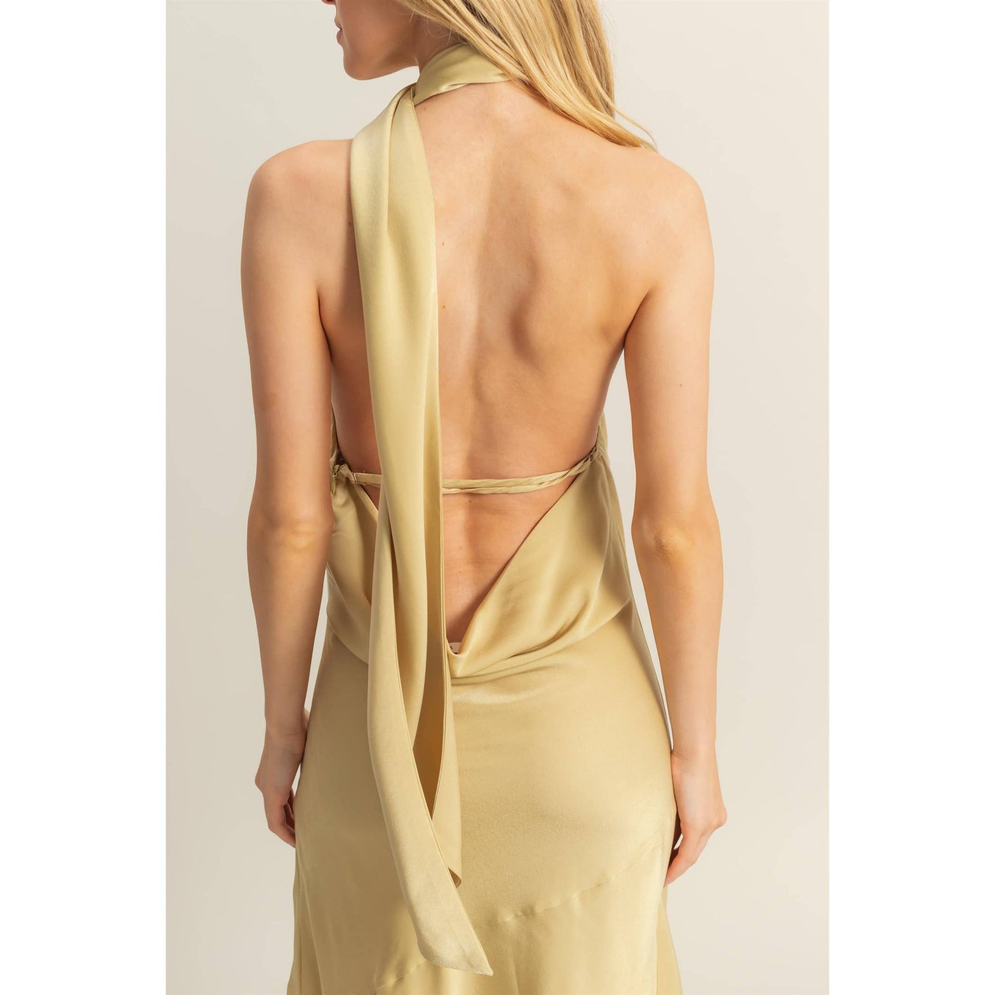 Curve Hugging Satin Halter Maxi Dress