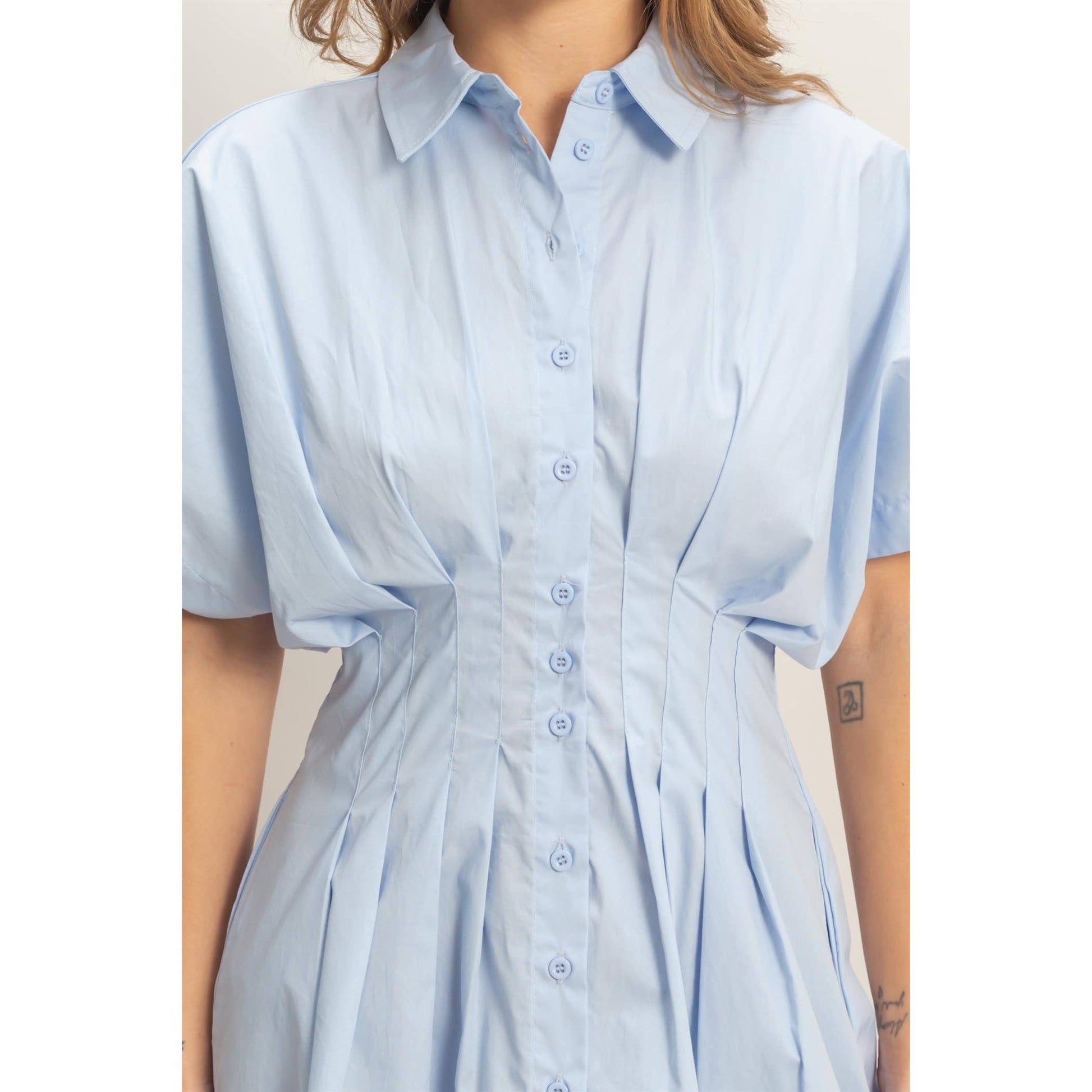 Pleated Button-Up Dress: L.BLUE