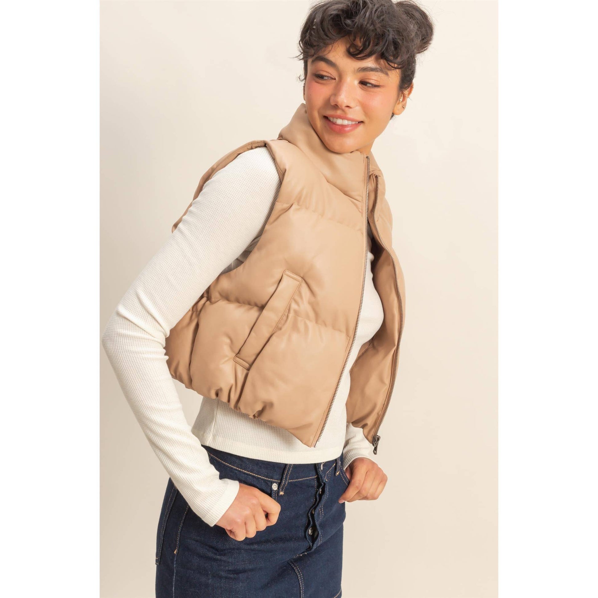 Faux Leather Cropped Puffer Vest: DARK TAUPE