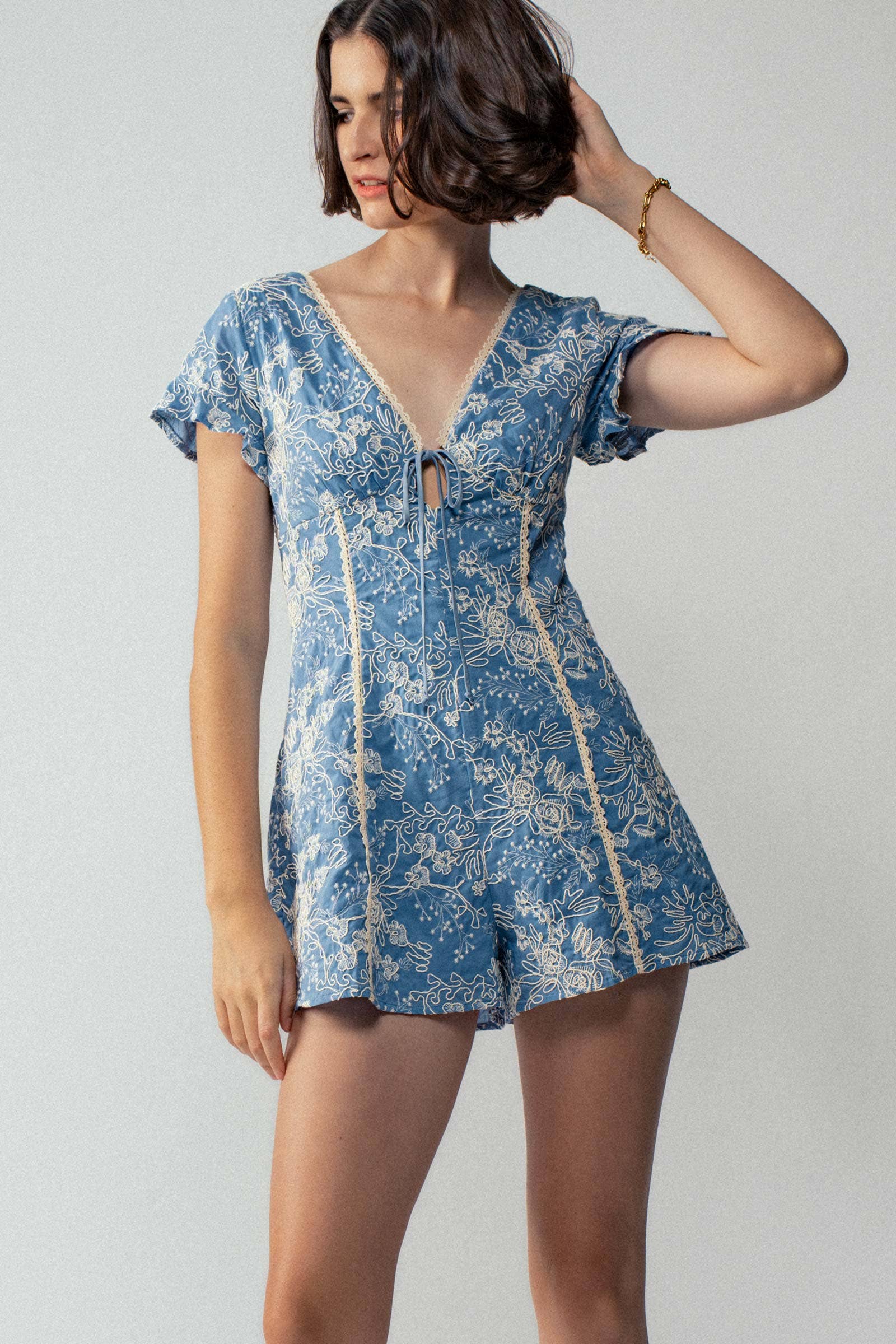 Boho Embroidered Flutter Sleeve Romper