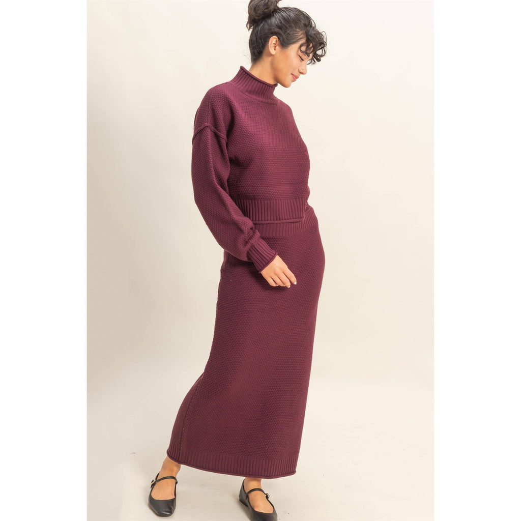 Textured High Neck Sweater & Skirt Set: DARK CHERRY
